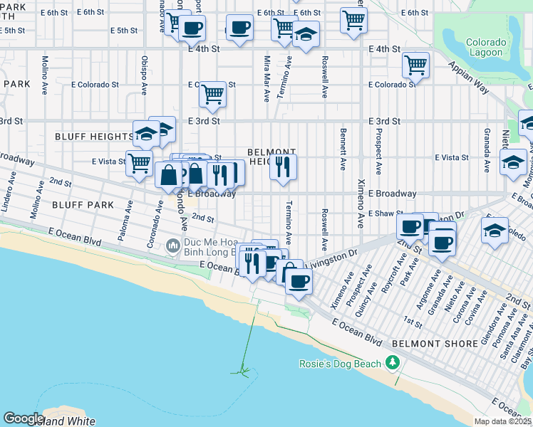 map of restaurants, bars, coffee shops, grocery stores, and more near 215 Mira Mar Avenue in Long Beach