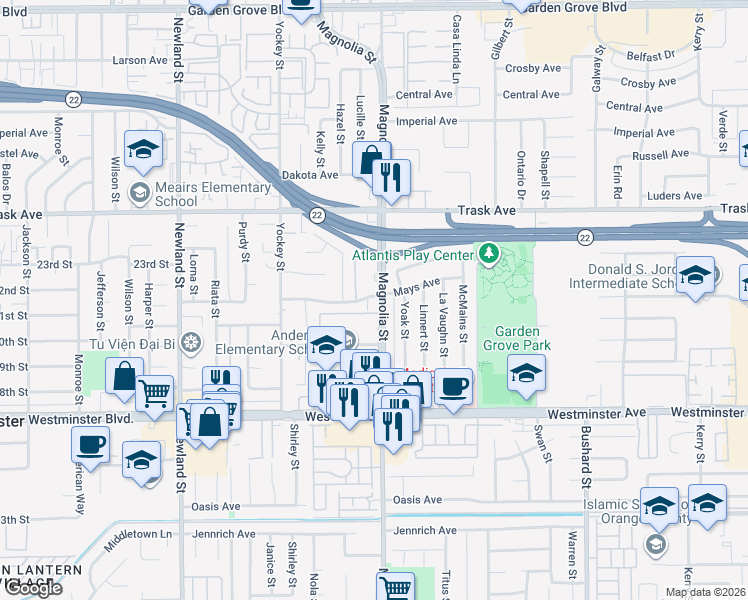 map of restaurants, bars, coffee shops, grocery stores, and more near 8923 Mays Avenue in Garden Grove