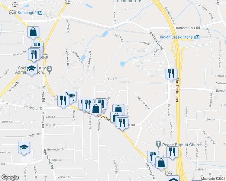 map of restaurants, bars, coffee shops, grocery stores, and more near 1070 Dove Valley Road in Decatur