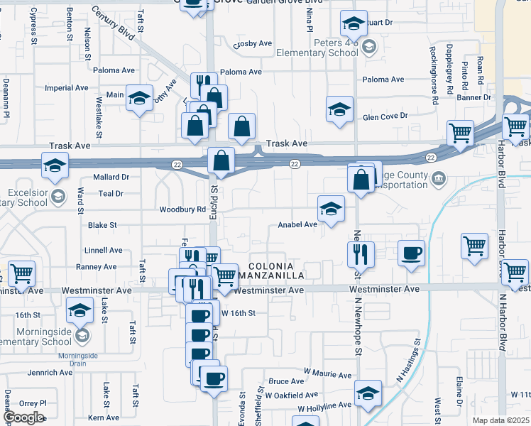 map of restaurants, bars, coffee shops, grocery stores, and more near 11172 Woodbury Road in Garden Grove