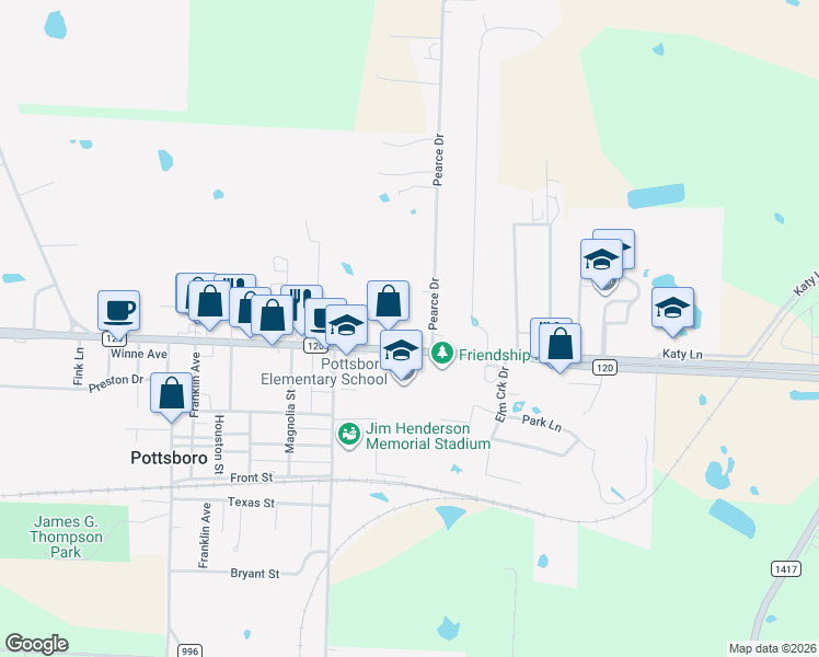 map of restaurants, bars, coffee shops, grocery stores, and more near 100 Pearce Dr in Pottsboro