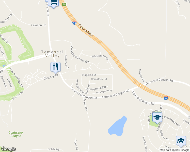map of restaurants, bars, coffee shops, grocery stores, and more near 10311 Stageline Street in Corona