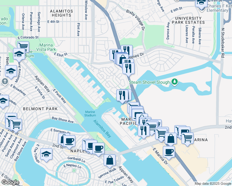 map of restaurants, bars, coffee shops, grocery stores, and more near 6225 Napoli Court in Long Beach