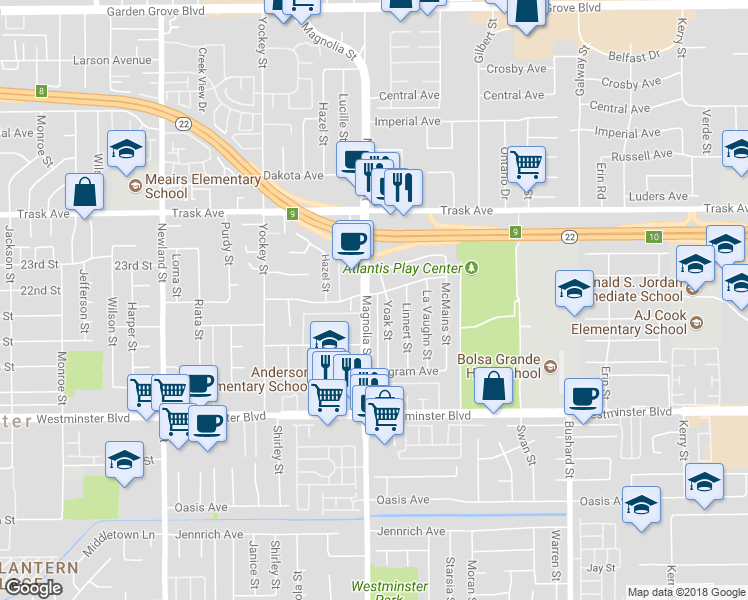 map of restaurants, bars, coffee shops, grocery stores, and more near 13712 Magnolia Street in Garden Grove