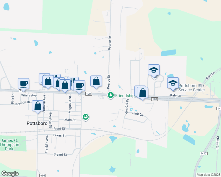 map of restaurants, bars, coffee shops, grocery stores, and more near 103 Pearce Drive in Pottsboro