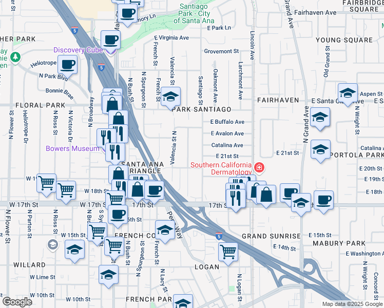 map of restaurants, bars, coffee shops, grocery stores, and more near 2027 Poinsettia Street North in Santa Ana