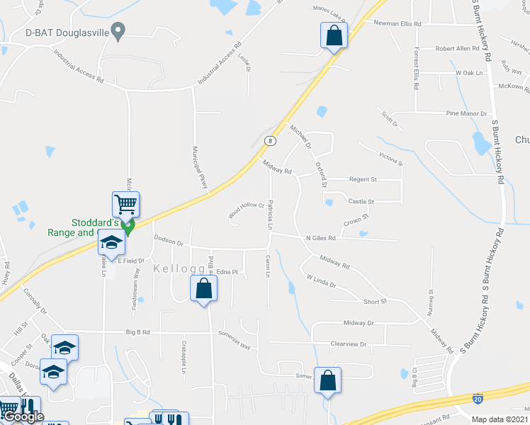 map of restaurants, bars, coffee shops, grocery stores, and more near 4425 Wood Hollow Court in Douglasville
