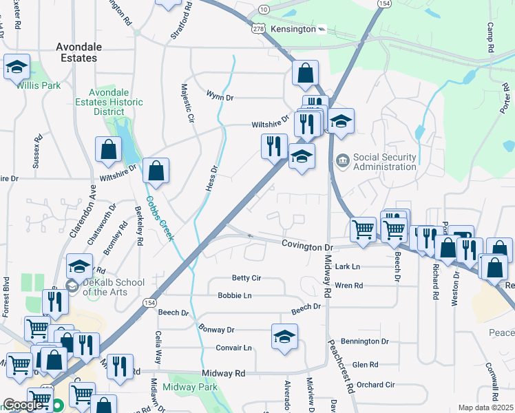 map of restaurants, bars, coffee shops, grocery stores, and more near 1094 North Village Drive in Decatur