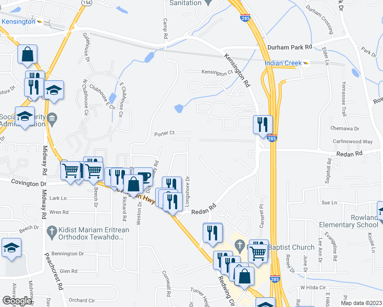 map of restaurants, bars, coffee shops, grocery stores, and more near 1062 Longshore Drive in Decatur