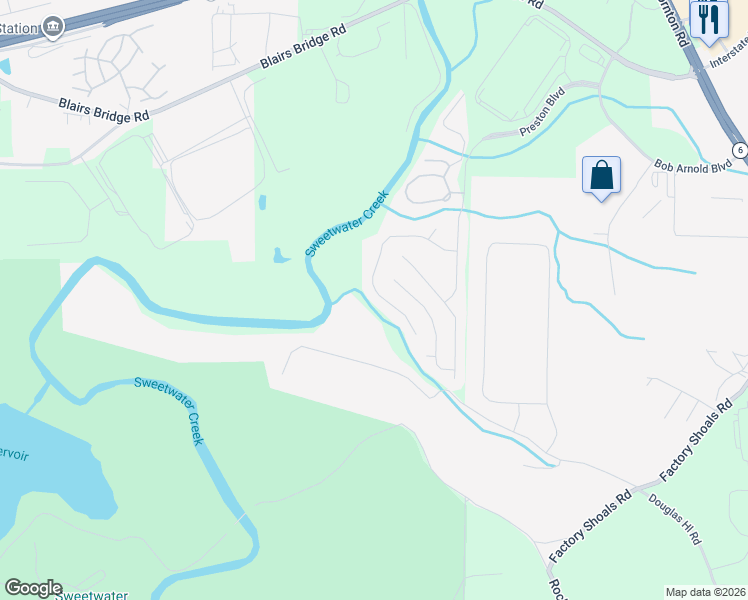 map of restaurants, bars, coffee shops, grocery stores, and more near 7628 Forest Glen Way in Lithia Springs