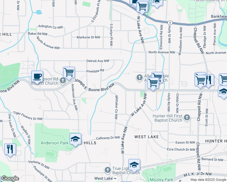 map of restaurants, bars, coffee shops, grocery stores, and more near 285 Whitaker Circle Northwest in Atlanta