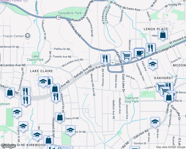 map of restaurants, bars, coffee shops, grocery stores, and more near 353 Murray Hill Avenue Northeast in Atlanta