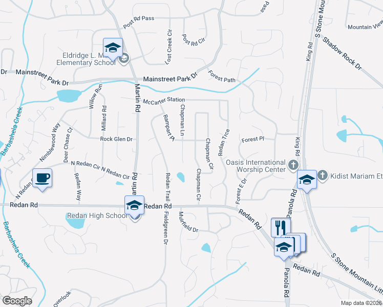 map of restaurants, bars, coffee shops, grocery stores, and more near 1049 Chapman Lane in Stone Mountain