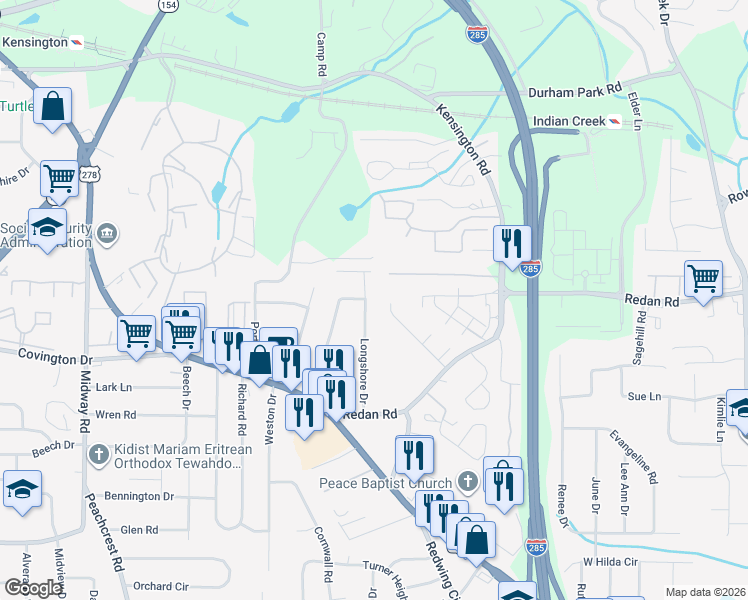 map of restaurants, bars, coffee shops, grocery stores, and more near 3680 Oakwood Manor in Decatur