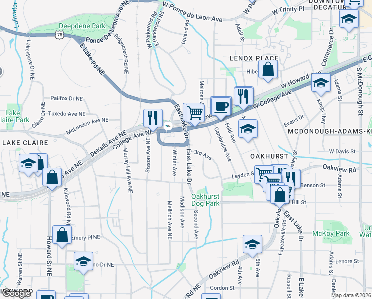 map of restaurants, bars, coffee shops, grocery stores, and more near 124 Park Place in Decatur