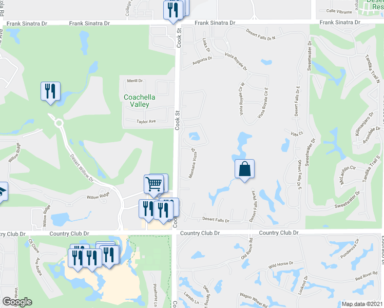 map of restaurants, bars, coffee shops, grocery stores, and more near 790 Montana Vista Drive in Palm Desert