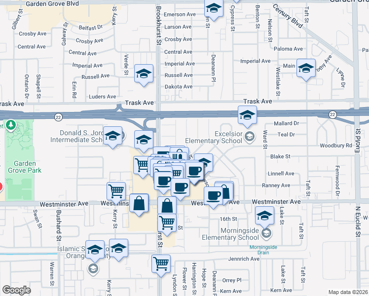map of restaurants, bars, coffee shops, grocery stores, and more near 13721 Dawson Street in Garden Grove