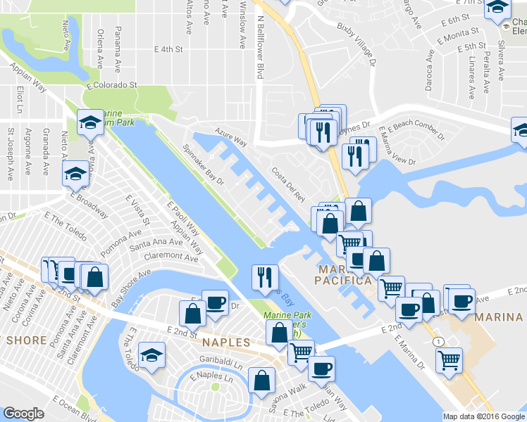 map of restaurants, bars, coffee shops, grocery stores, and more near 330 Whites Landing in Long Beach