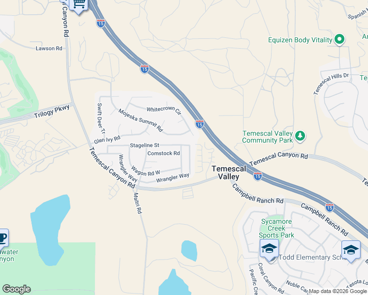 map of restaurants, bars, coffee shops, grocery stores, and more near 10681 Wrangler Way in Corona