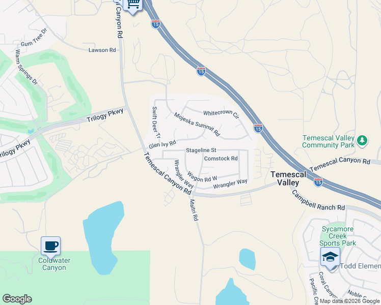 map of restaurants, bars, coffee shops, grocery stores, and more near 10221 Stageline Street in Corona