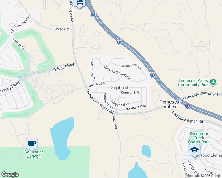 map of restaurants, bars, coffee shops, grocery stores, and more near 10221 Stageline Street in Corona