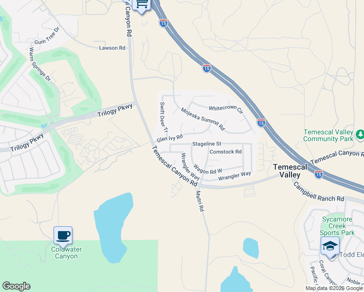 map of restaurants, bars, coffee shops, grocery stores, and more near 10141 Stageline Street in Corona