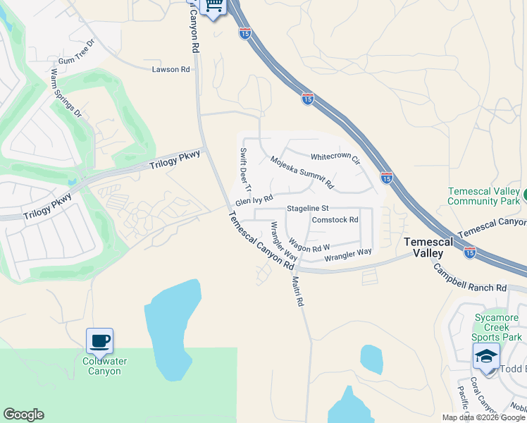 map of restaurants, bars, coffee shops, grocery stores, and more near 10141 Stageline Street in Corona