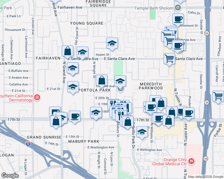 map of restaurants, bars, coffee shops, grocery stores, and more near 2106 Mabury Street in Santa Ana