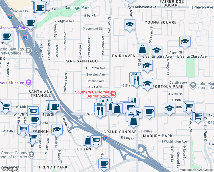 map of restaurants, bars, coffee shops, grocery stores, and more near 1013 East 21st Street in Santa Ana