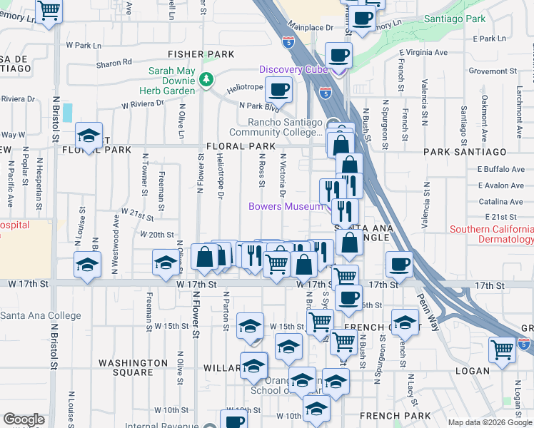 map of restaurants, bars, coffee shops, grocery stores, and more near 2024 North Victoria Drive in Santa Ana