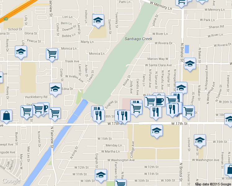 map of restaurants, bars, coffee shops, grocery stores, and more near 1807 West 21st Street in Santa Ana