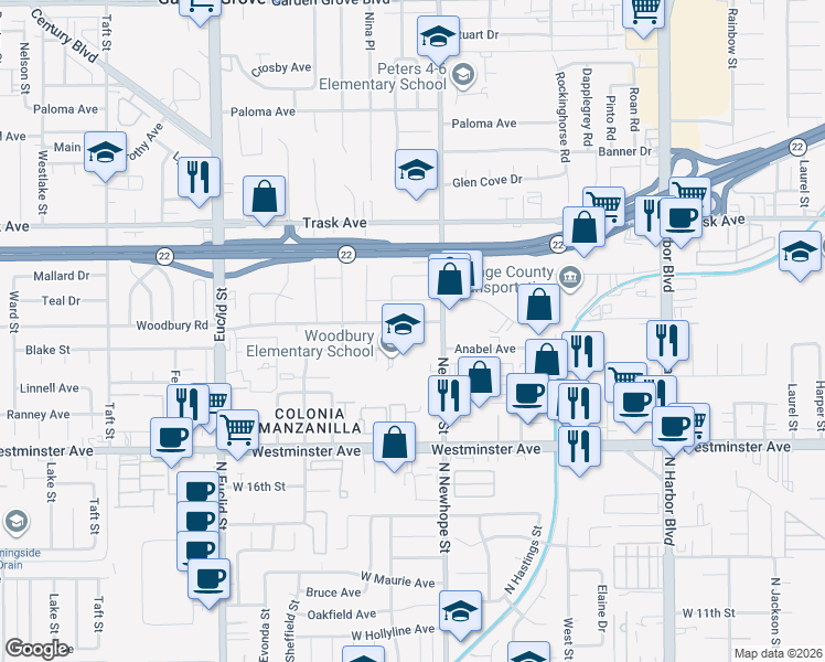 map of restaurants, bars, coffee shops, grocery stores, and more near 11422 Woodbury Road in Garden Grove