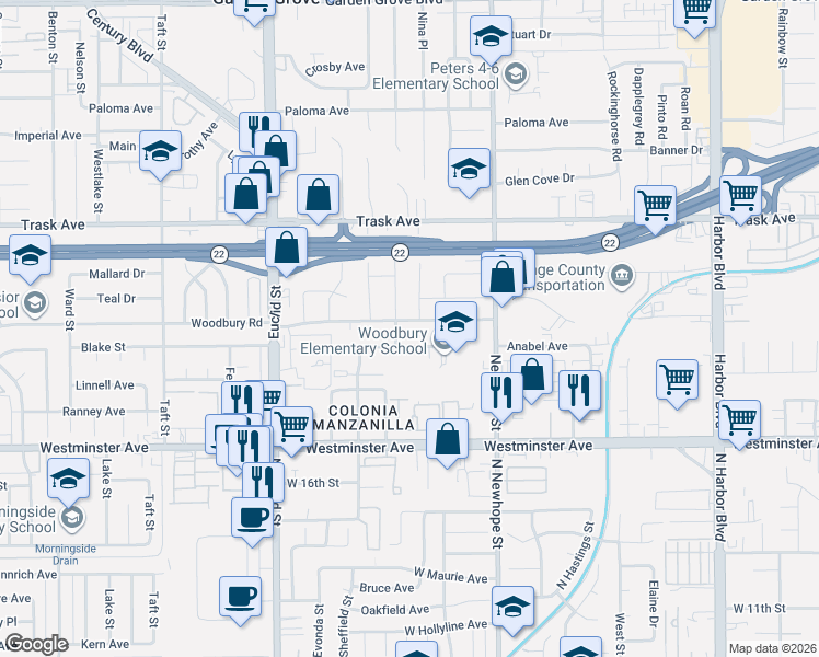 map of restaurants, bars, coffee shops, grocery stores, and more near 13721 Libby Lane in Garden Grove