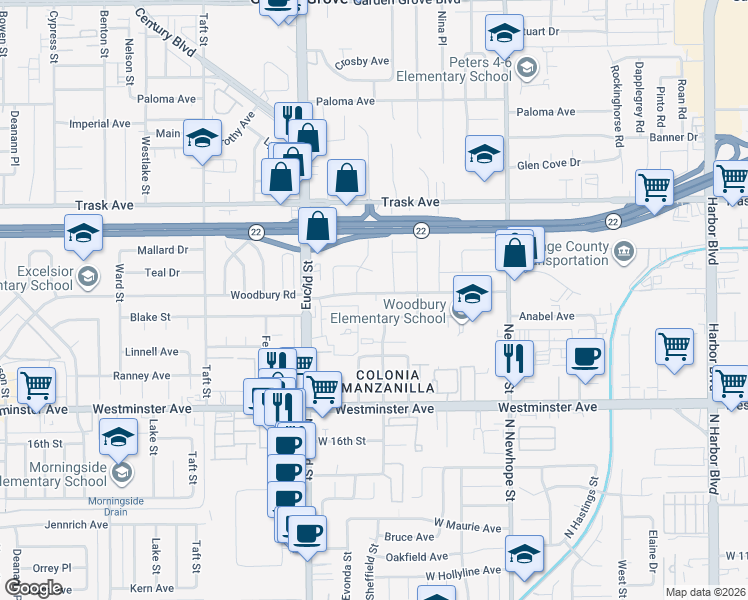 map of restaurants, bars, coffee shops, grocery stores, and more near 11172 Woodbury Road in Garden Grove