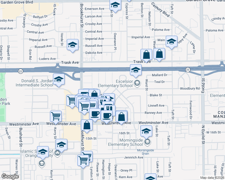 map of restaurants, bars, coffee shops, grocery stores, and more near 10222 Traylor Way in Garden Grove