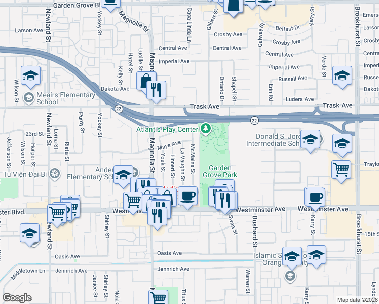 map of restaurants, bars, coffee shops, grocery stores, and more near in Garden Grove