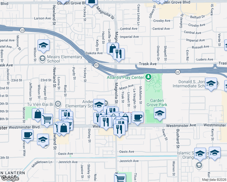 map of restaurants, bars, coffee shops, grocery stores, and more near 8923 Mays Avenue in Garden Grove