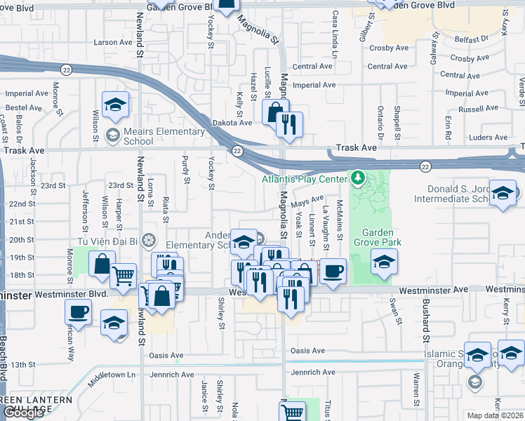 map of restaurants, bars, coffee shops, grocery stores, and more near 8923 Mays Avenue in Garden Grove