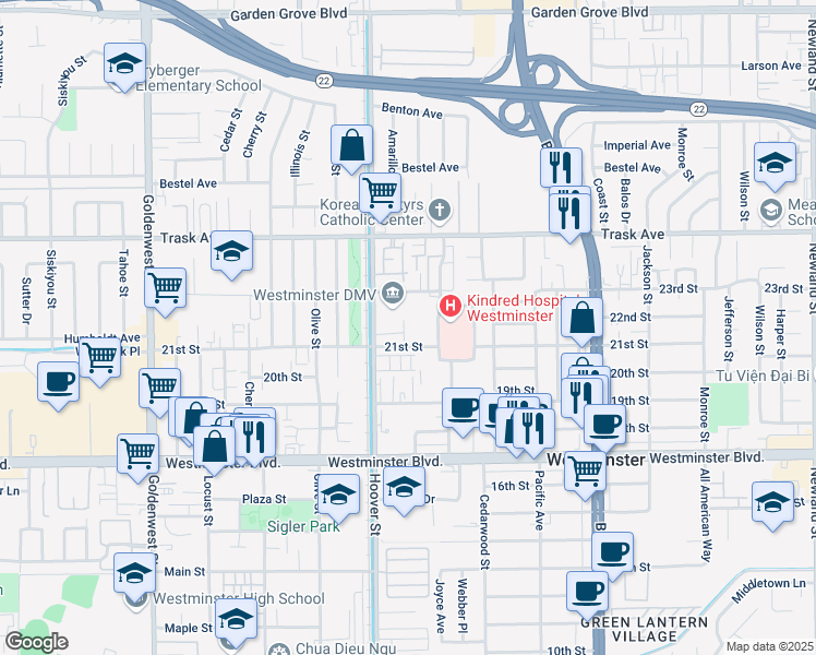 map of restaurants, bars, coffee shops, grocery stores, and more near 7575 21st Street in Westminster