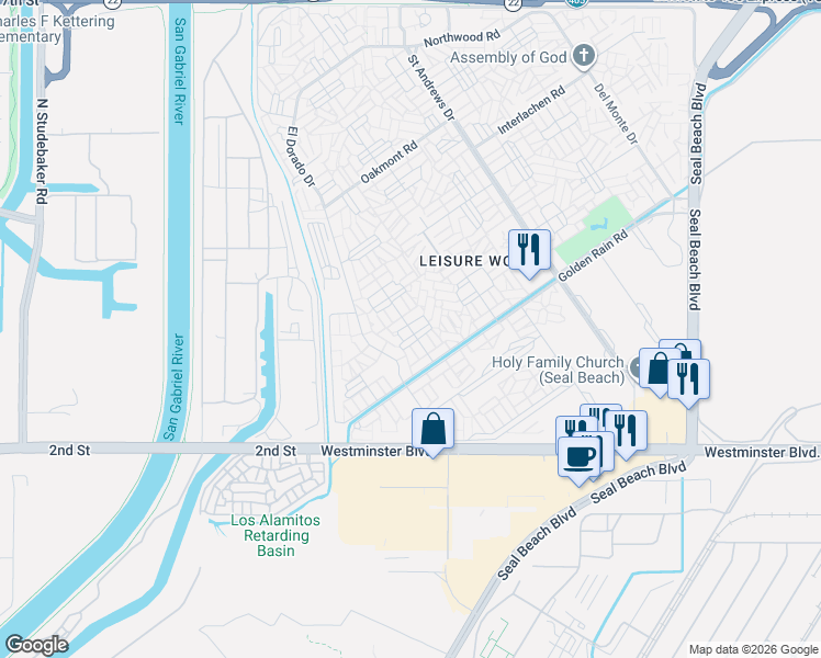 map of restaurants, bars, coffee shops, grocery stores, and more near 13721 Alderwood Lane in Seal Beach