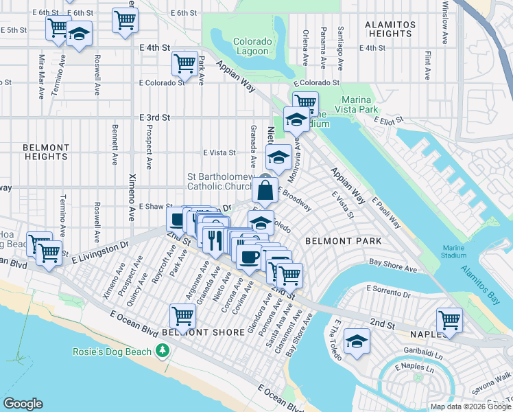 map of restaurants, bars, coffee shops, grocery stores, and more near 5101 East The Toledo in Long Beach