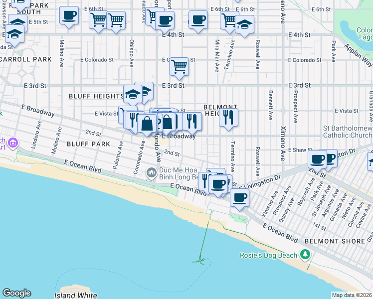 map of restaurants, bars, coffee shops, grocery stores, and more near 203 Loma Avenue in Long Beach