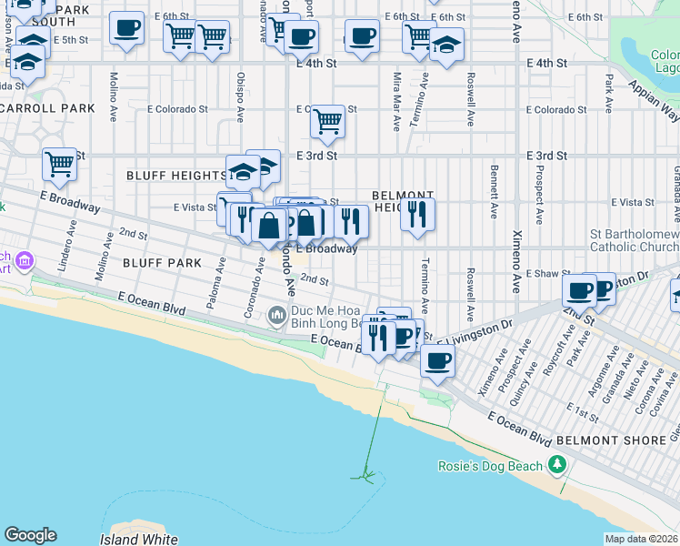 map of restaurants, bars, coffee shops, grocery stores, and more near 203 Loma Avenue in Long Beach