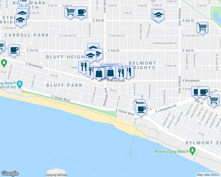map of restaurants, bars, coffee shops, grocery stores, and more near in Long Beach