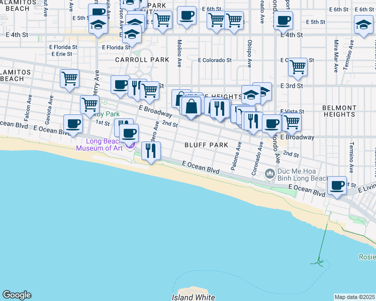 map of restaurants, bars, coffee shops, grocery stores, and more near 27 Temple Avenue in Long Beach