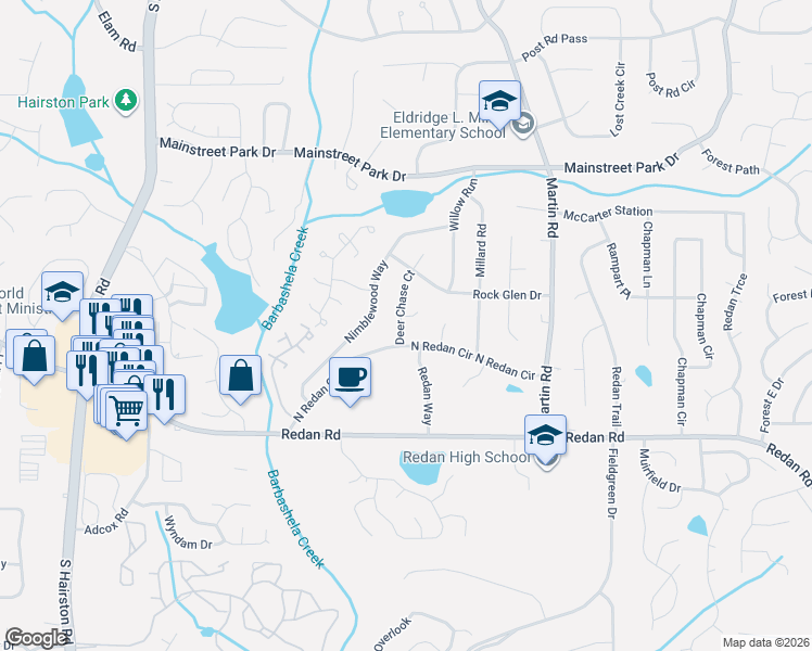 map of restaurants, bars, coffee shops, grocery stores, and more near 1052 Deer Chase Court in Stone Mountain