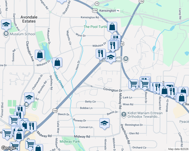 map of restaurants, bars, coffee shops, grocery stores, and more near 1101 North Village Drive in Decatur
