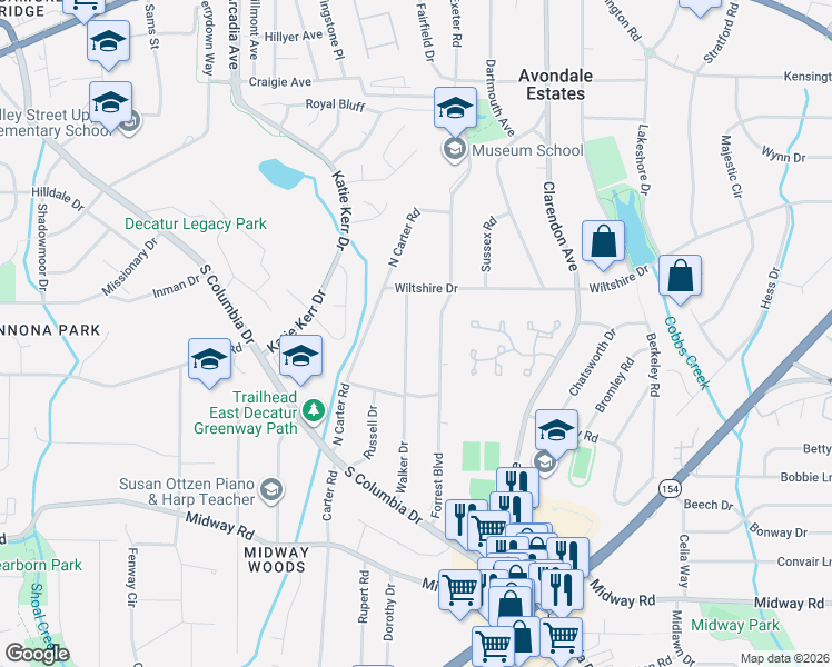 map of restaurants, bars, coffee shops, grocery stores, and more near 1081 Walker Drive in Decatur