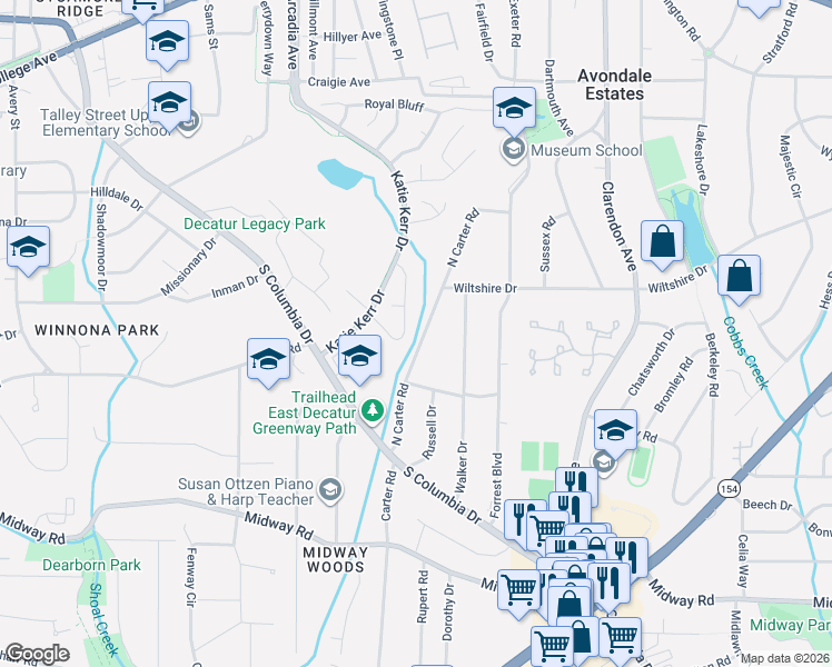 map of restaurants, bars, coffee shops, grocery stores, and more near 1084 North Carter Road in Decatur