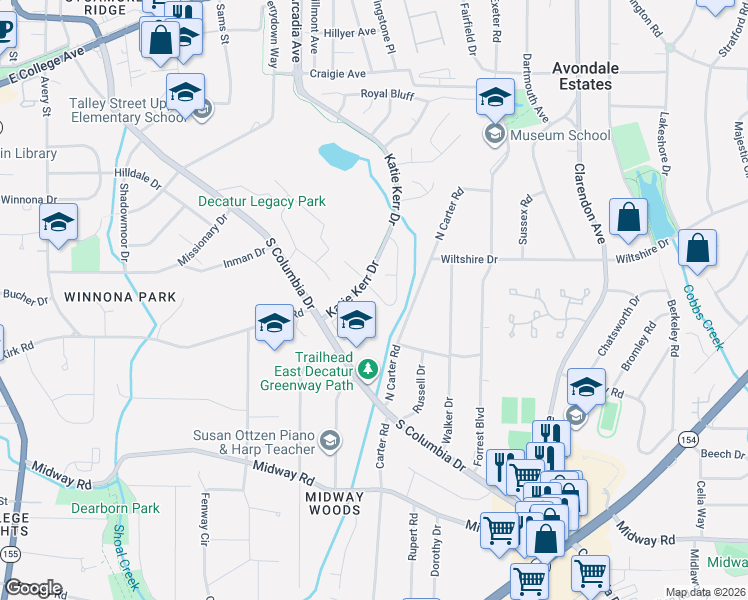 map of restaurants, bars, coffee shops, grocery stores, and more near 1104 Ashbury Drive in Decatur